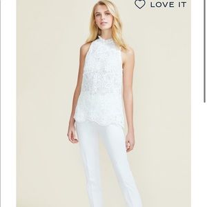 Pearl Lela Rose Corded Lace Sleeveless Top Ruffle Trim Lined White Tank XS